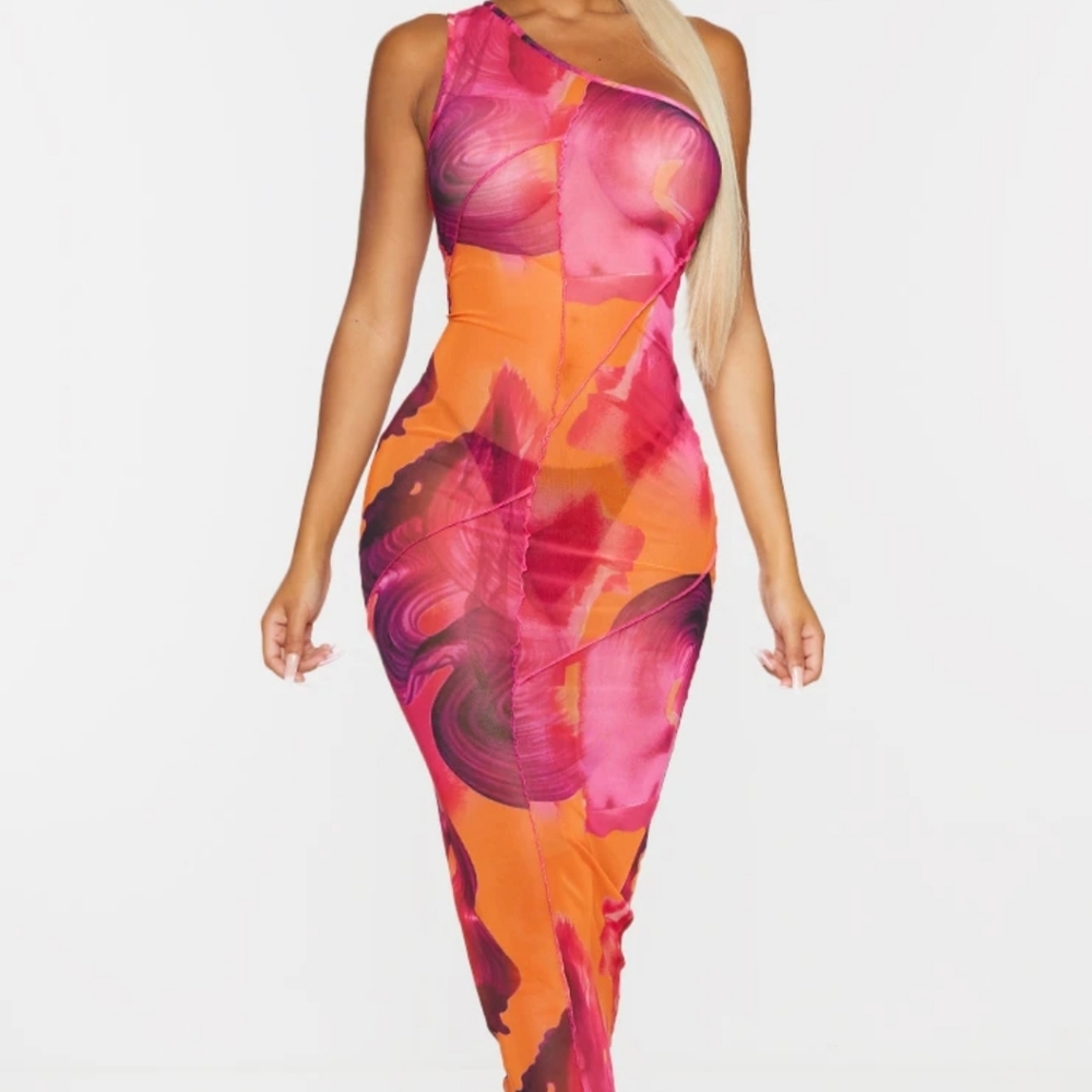 PLT Shape Pink Swirl Print Sheer Mesh Overlock One Shoulder Midi Dress